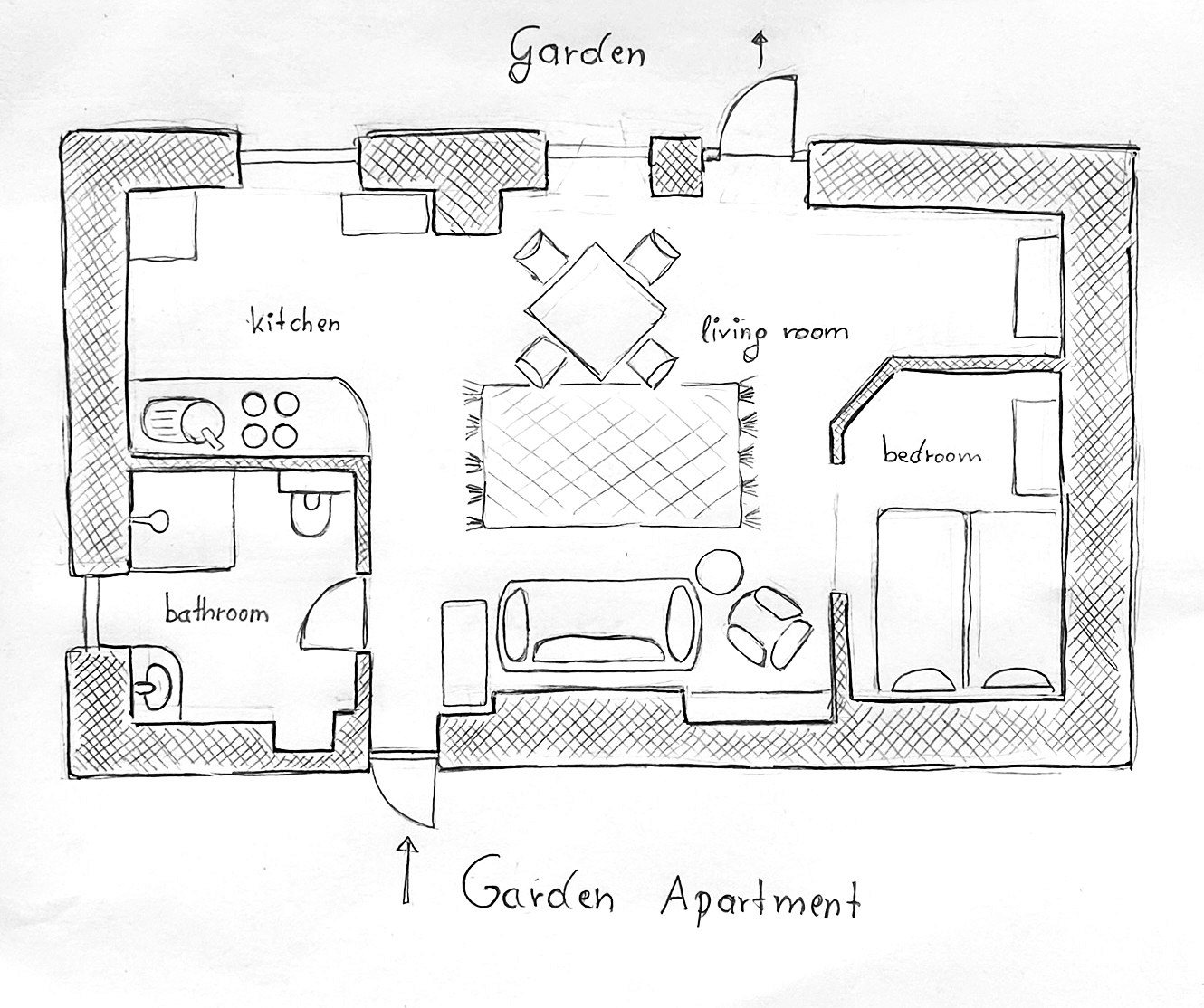 Handgezeichneter Grundriss: Die Gartenwohnung