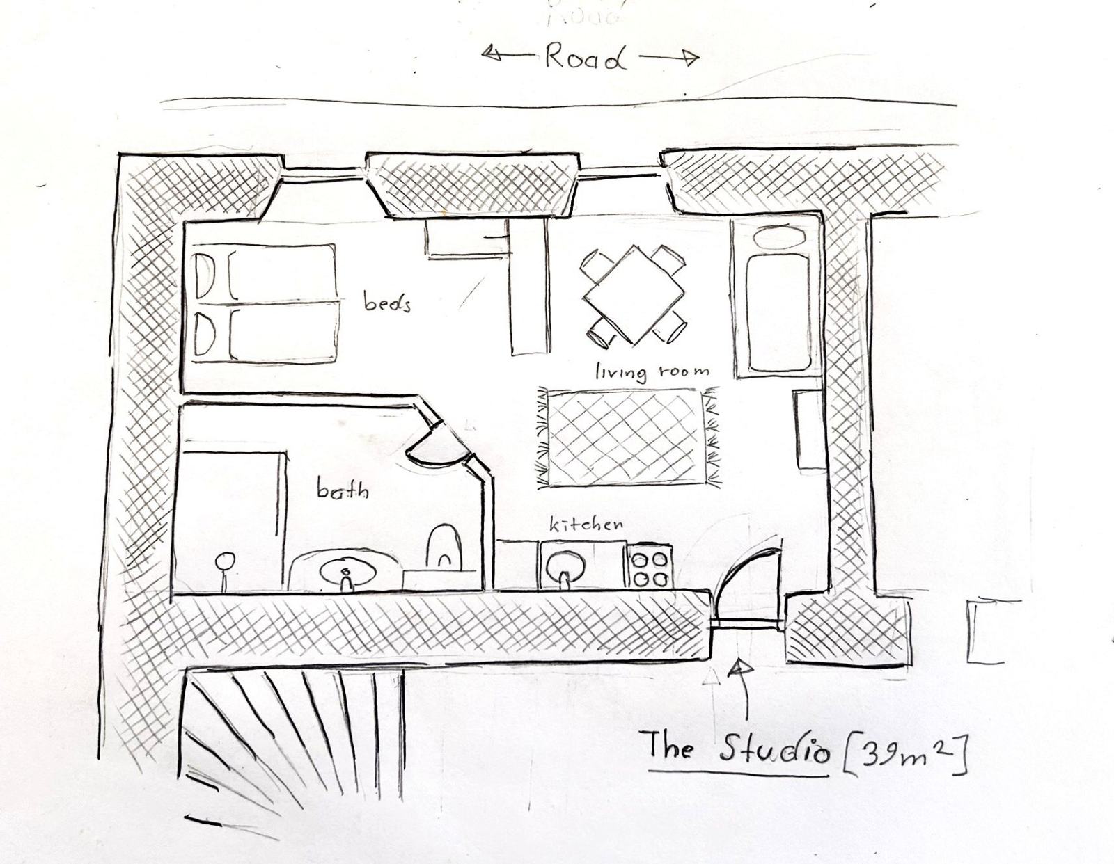 Handgezeichneter Grundriss: Das Studio