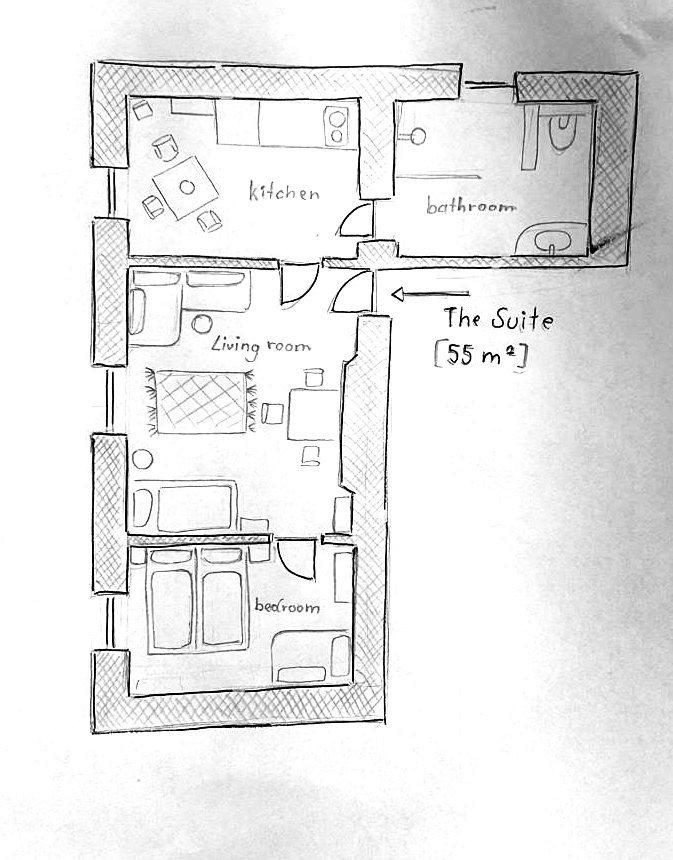 Handgezeichneter Grundriss: Die Suite